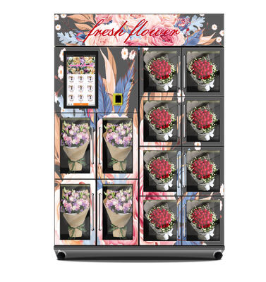 Macchina automatica per vendere fiori refrigerati con touchscreen e foglio galvanizzato. Dispensatore di bouquet intelligente per centri commerciali e aeroporti.