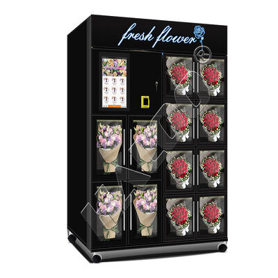 Macchina automatica per vendere fiori refrigerati con touchscreen e foglio galvanizzato. Dispensatore di bouquet intelligente per centri commerciali e aeroporti.